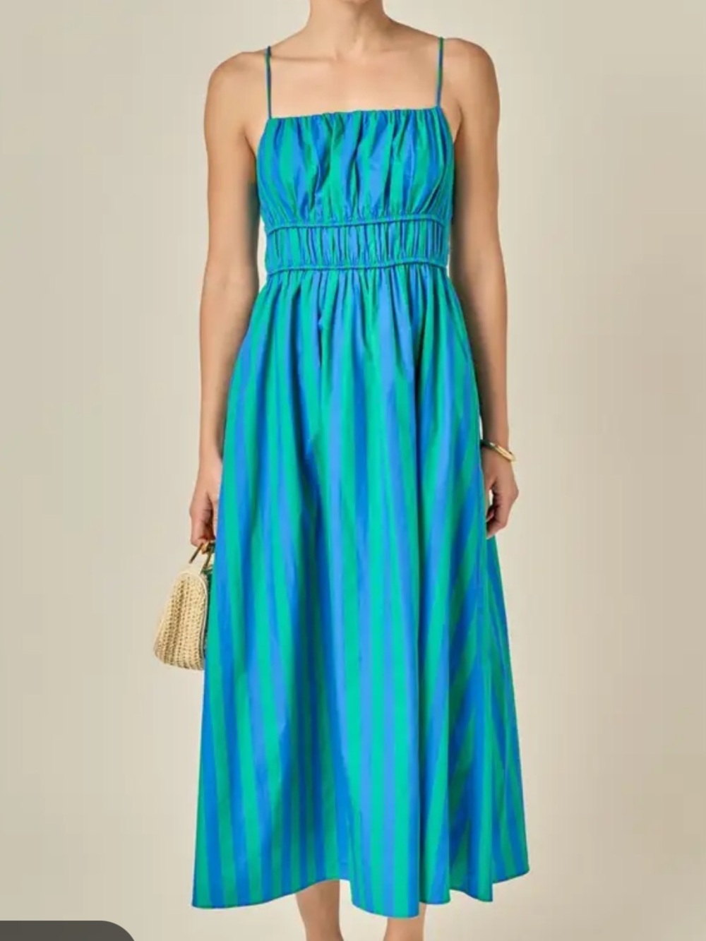 English Factory Smocked Waist Blue & Green Striped Midi Dress